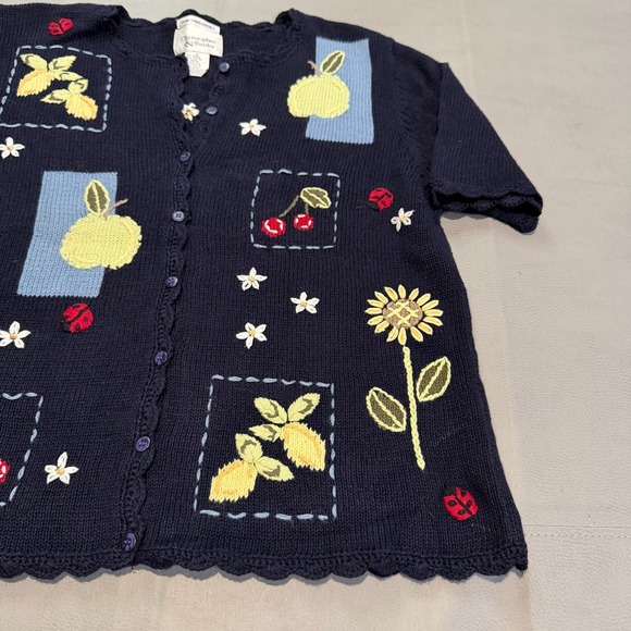 Christopher Bank Navy Blue Embroider Floral Short Sleeve Cardigan Sweater-6-4857 - Picture 3 of 9